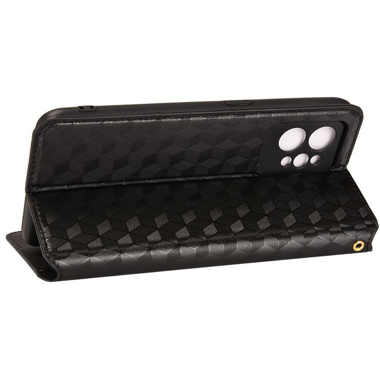 For Realme GT2 Pro Flip Phone Cover Wallet Imprinted Rhombus Pattern Phone Stand Anti-scratch PU Leather Protective Phone Case - Black