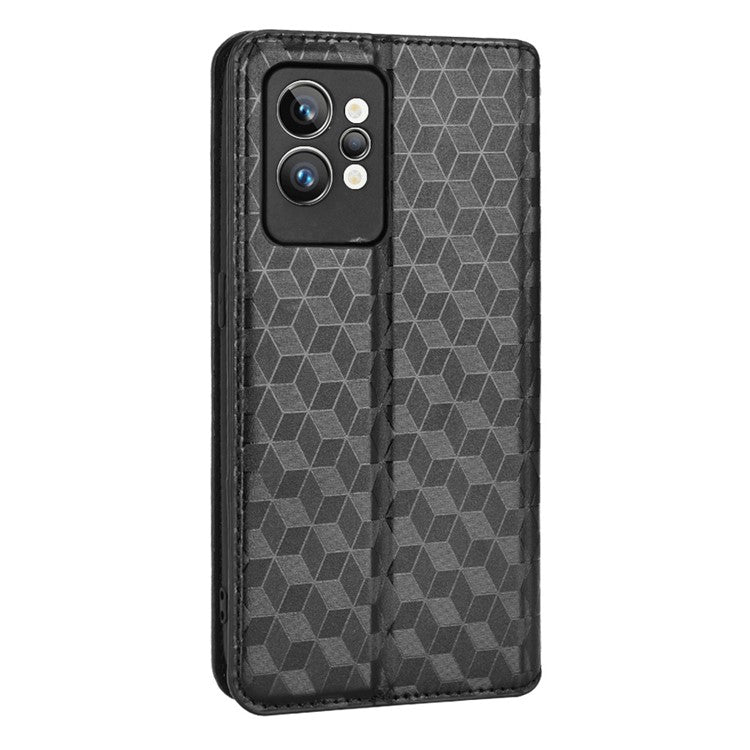 For Realme GT2 Pro Flip Phone Cover Wallet Imprinted Rhombus Pattern Phone Stand Anti-scratch PU Leather Protective Phone Case - Black