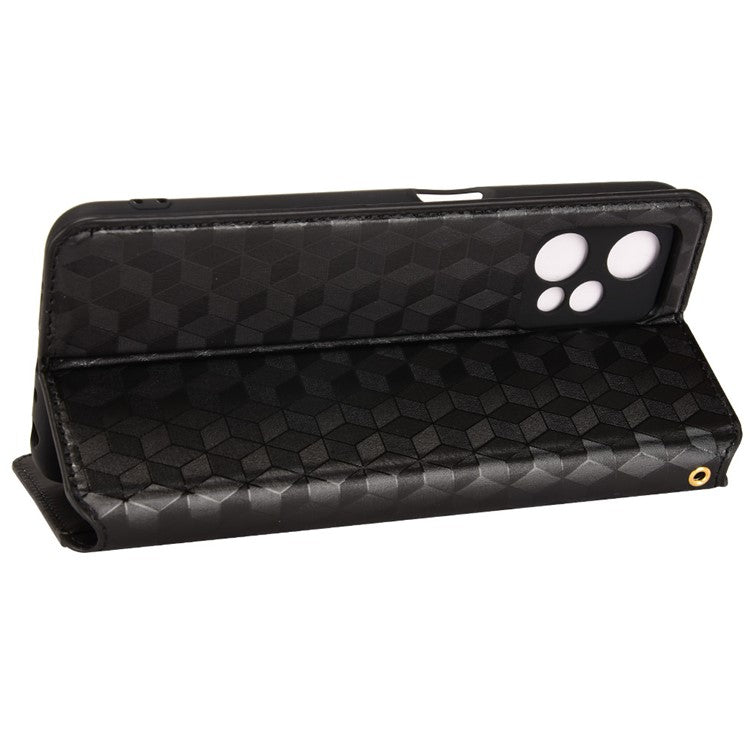 For Realme 9 Pro 5G / 9 5G / V25 Flip Wallet Imprinted Rhombus Pattern Phone Case Stand Soft TPU Inner PU Leather Protective Phone Cover - Black