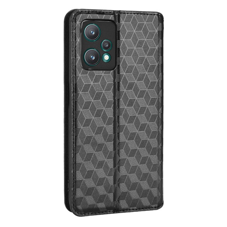 For Realme 9 Pro 5G / 9 5G / V25 Flip Wallet Imprinted Rhombus Pattern Phone Case Stand Soft TPU Inner PU Leather Protective Phone Cover - Black