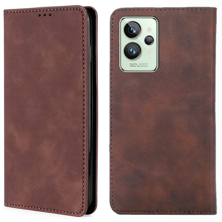 For Realme GT2 Pro Skin-touch Feeling Leather Case Card Holder Auto-absorbed Magnetic Stand Mobile Phone Cover - Dark Brown