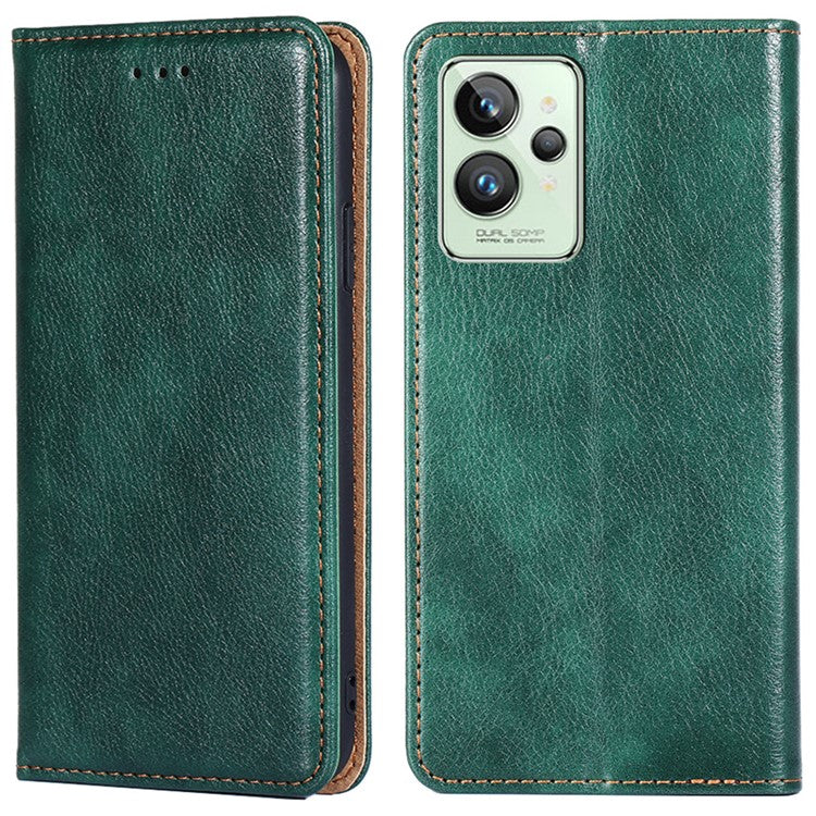 For Realme GT2 Pro PU Leather Magnetic Absorption Phone Case Stand Folio Wallet TPU Shockproof Flip Cover - Green