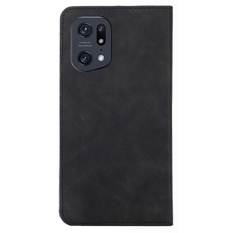 Skin-touch Leather Case for Oppo Find X5 Pro, Card Holder Stand Auto Closing Magnetic Phone Cover - Black