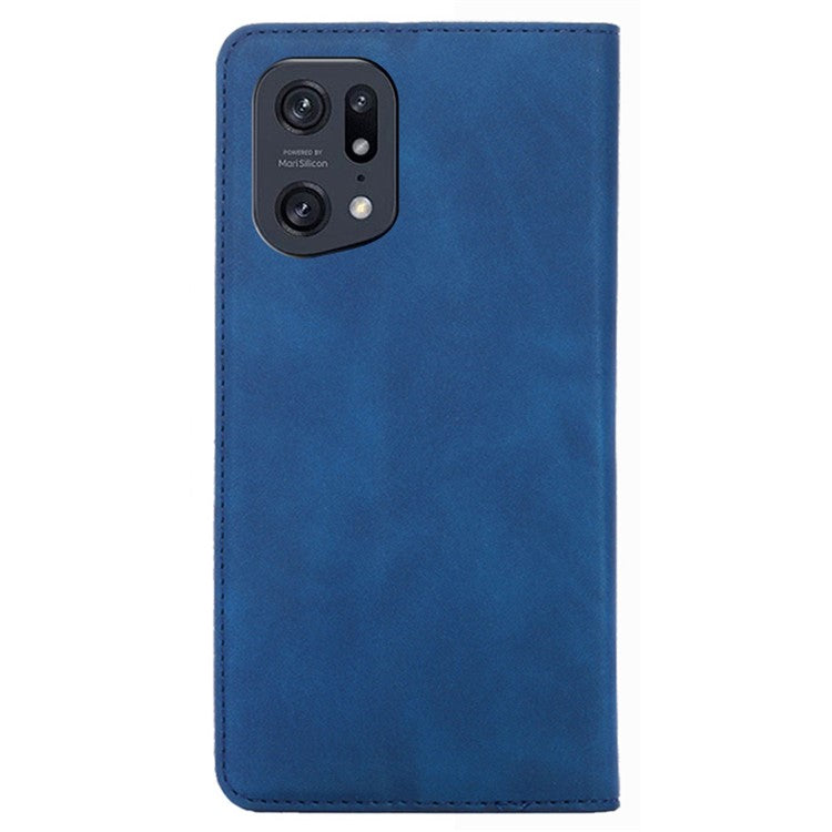 Skin-touch Leather Case for Oppo Find X5 Pro, Card Holder Stand Auto Closing Magnetic Phone Cover - Blue