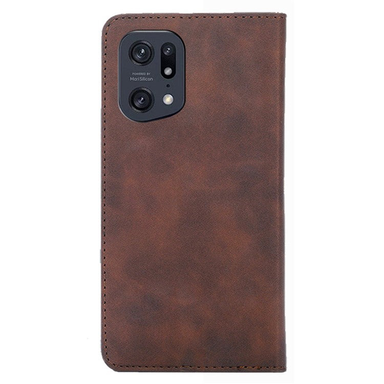 Skin-touch Leather Case for Oppo Find X5 Pro, Card Holder Stand Auto Closing Magnetic Phone Cover - Dark Brown