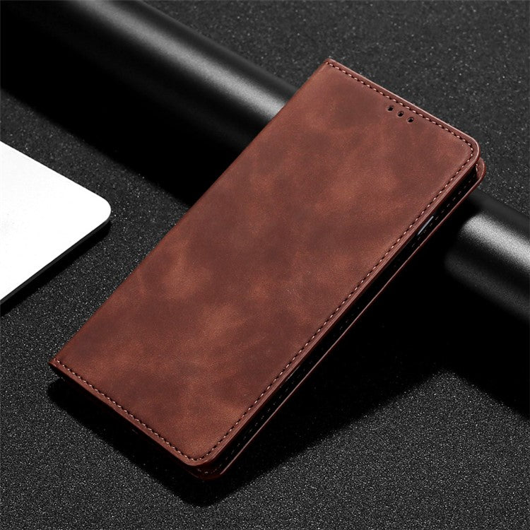 Skin-touch Leather Case for Oppo Find X5 Pro, Card Holder Stand Auto Closing Magnetic Phone Cover - Dark Brown