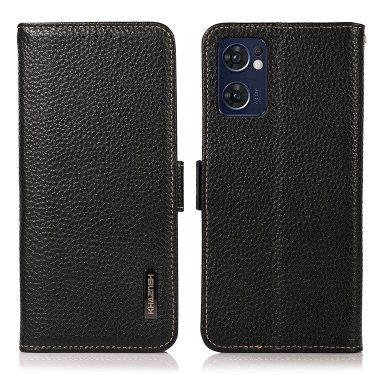 KHAZNEH for Oppo Reno7 5G (Global)/Find X5 Lite RFID Blocking Mobile Phone Case Litchi Texture Genuine Leather Cellphone Cover with Wallet Stand - Black