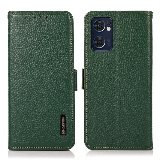 KHAZNEH for Oppo Reno7 5G (Global)/Find X5 Lite RFID Blocking Mobile Phone Case Litchi Texture Genuine Leather Cellphone Cover with Wallet Stand - Green