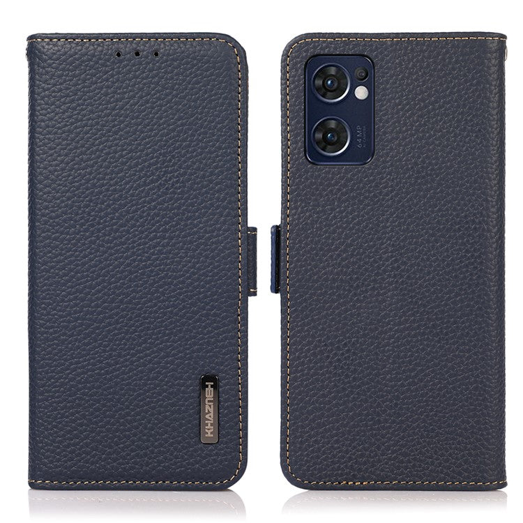 KHAZNEH for Oppo Reno7 5G (Global)/Find X5 Lite RFID Blocking Mobile Phone Case Litchi Texture Genuine Leather Cellphone Cover with Wallet Stand - Blue
