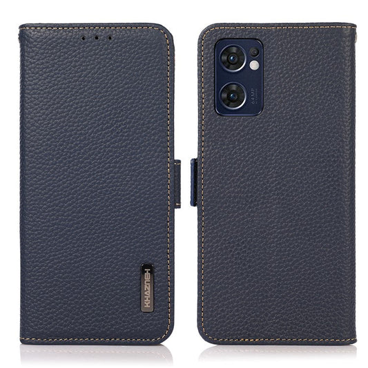 KHAZNEH for Oppo Reno7 5G (Global)/Find X5 Lite RFID Blocking Mobile Phone Case Litchi Texture Genuine Leather Cellphone Cover with Wallet Stand - Blue