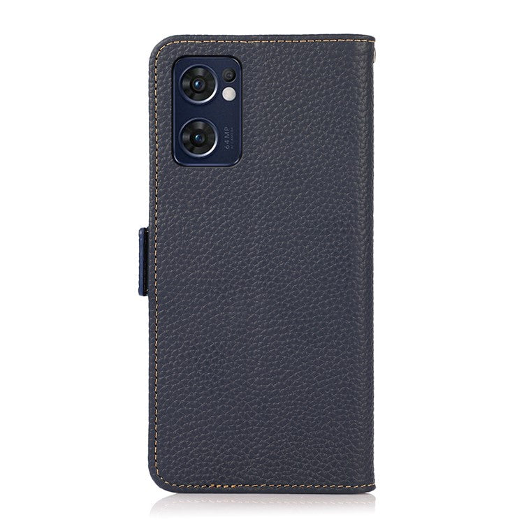 KHAZNEH for Oppo Reno7 5G (Global)/Find X5 Lite RFID Blocking Mobile Phone Case Litchi Texture Genuine Leather Cellphone Cover with Wallet Stand - Blue