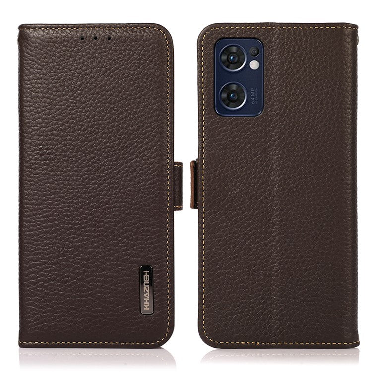 KHAZNEH for Oppo Reno7 5G (Global)/Find X5 Lite RFID Blocking Mobile Phone Case Litchi Texture Genuine Leather Cellphone Cover with Wallet Stand - Brown