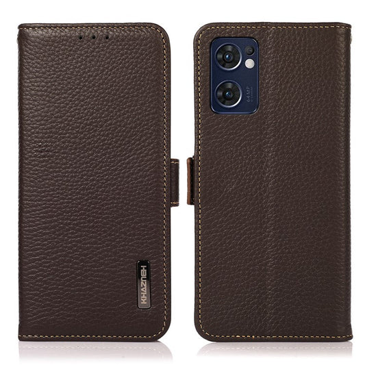 KHAZNEH for Oppo Reno7 5G (Global)/Find X5 Lite RFID Blocking Mobile Phone Case Litchi Texture Genuine Leather Cellphone Cover with Wallet Stand - Brown