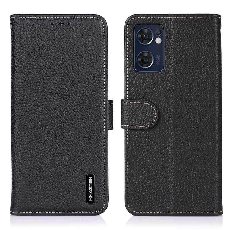KHAZNEH for Oppo Reno7 5G (Global)/Find X5 Lite Top-Layer Litchi Texture Genuine Leather Shell Anti-Drop Wallet Stand Case Cell Phone Accessory - Black