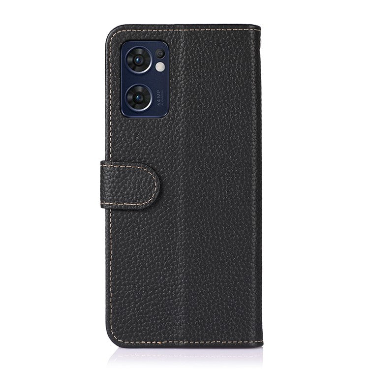 KHAZNEH for Oppo Reno7 5G (Global)/Find X5 Lite Top-Layer Litchi Texture Genuine Leather Shell Anti-Drop Wallet Stand Case Cell Phone Accessory - Black