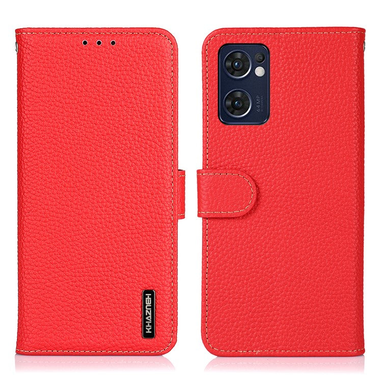 KHAZNEH for Oppo Reno7 5G (Global)/Find X5 Lite Top-Layer Litchi Texture Genuine Leather Shell Anti-Drop Wallet Stand Case Cell Phone Accessory - Red