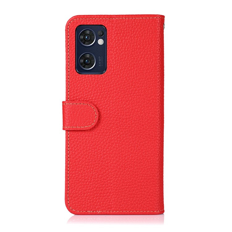 KHAZNEH for Oppo Reno7 5G (Global)/Find X5 Lite Top-Layer Litchi Texture Genuine Leather Shell Anti-Drop Wallet Stand Case Cell Phone Accessory - Red