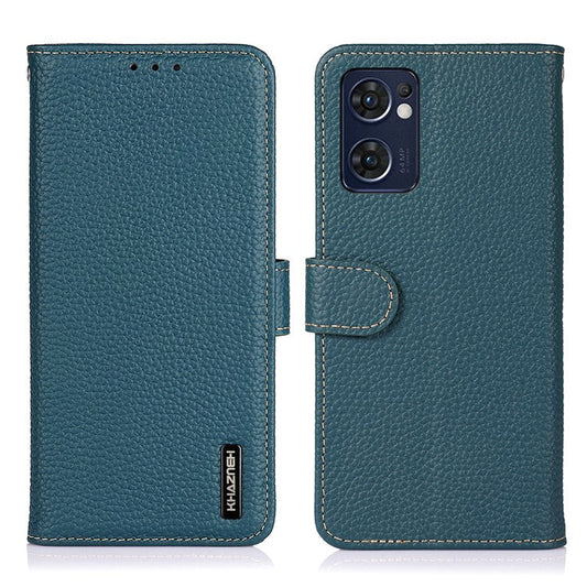 KHAZNEH for Oppo Reno7 5G (Global)/Find X5 Lite Top-Layer Litchi Texture Genuine Leather Shell Anti-Drop Wallet Stand Case Cell Phone Accessory - Green