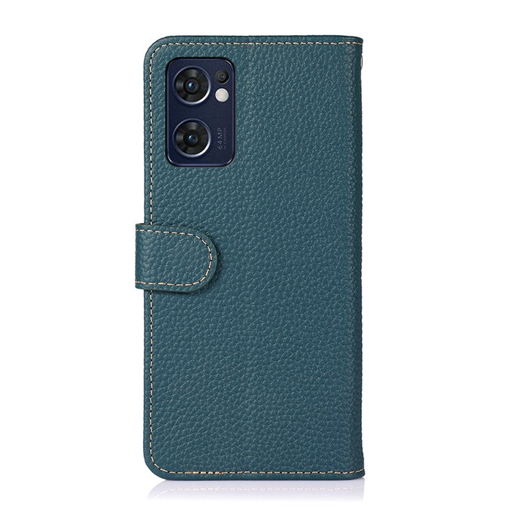 KHAZNEH for Oppo Reno7 5G (Global)/Find X5 Lite Top-Layer Litchi Texture Genuine Leather Shell Anti-Drop Wallet Stand Case Cell Phone Accessory - Green