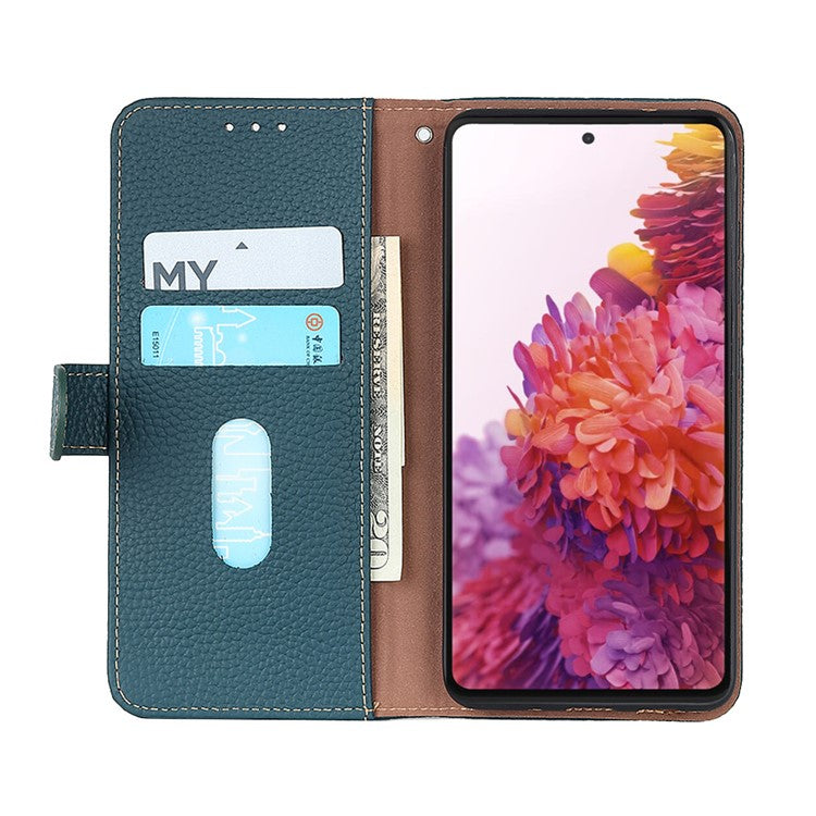 KHAZNEH for Oppo Reno7 5G (Global)/Find X5 Lite Top-Layer Litchi Texture Genuine Leather Shell Anti-Drop Wallet Stand Case Cell Phone Accessory - Green