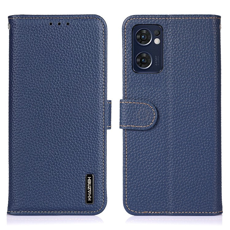 KHAZNEH for Oppo Reno7 5G (Global)/Find X5 Lite Top-Layer Litchi Texture Genuine Leather Shell Anti-Drop Wallet Stand Case Cell Phone Accessory - Blue