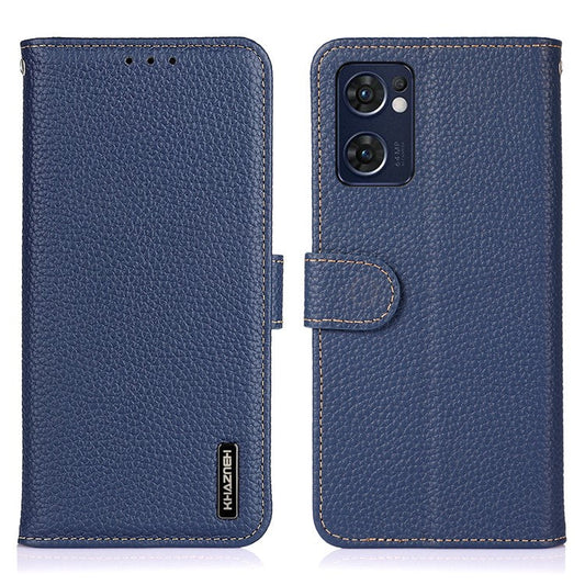 KHAZNEH for Oppo Reno7 5G (Global)/Find X5 Lite Top-Layer Litchi Texture Genuine Leather Shell Anti-Drop Wallet Stand Case Cell Phone Accessory - Blue