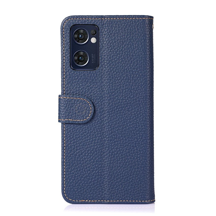 KHAZNEH for Oppo Reno7 5G (Global)/Find X5 Lite Top-Layer Litchi Texture Genuine Leather Shell Anti-Drop Wallet Stand Case Cell Phone Accessory - Blue
