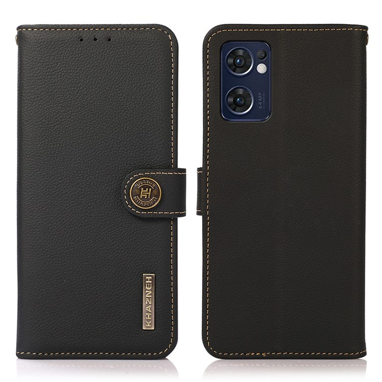 KHAZNEH for Oppo Reno7 5G (Global)/Find X5 Lite RFID Blocking Genuine Leather Shell with Wallet and Stand Cell Phone Cover Accessory - Black