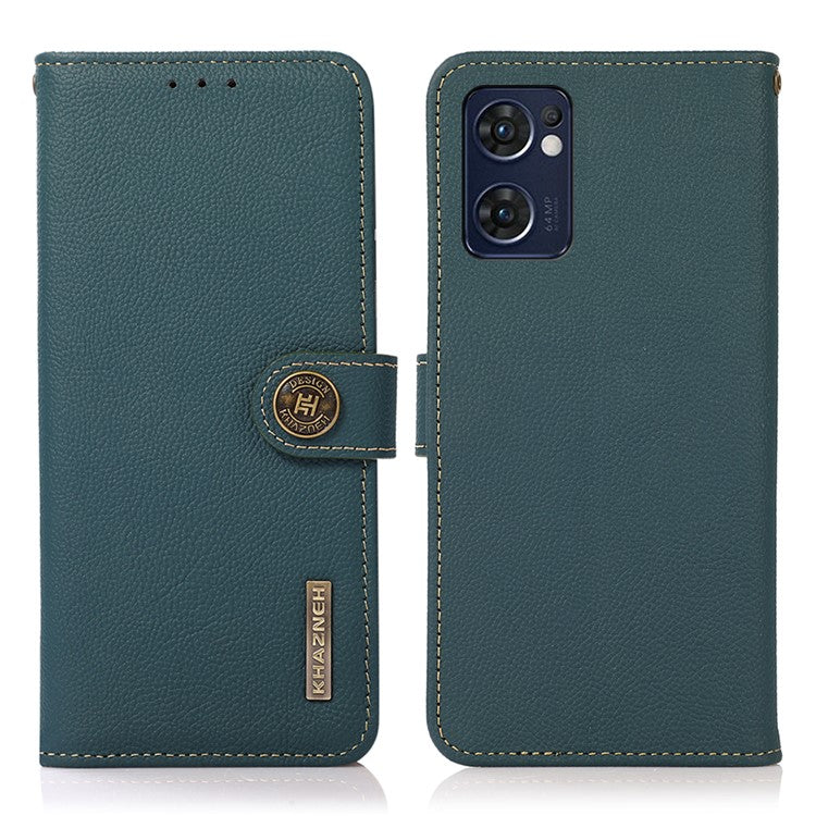 KHAZNEH for Oppo Reno7 5G (Global)/Find X5 Lite RFID Blocking Genuine Leather Shell with Wallet and Stand Cell Phone Cover Accessory - Green