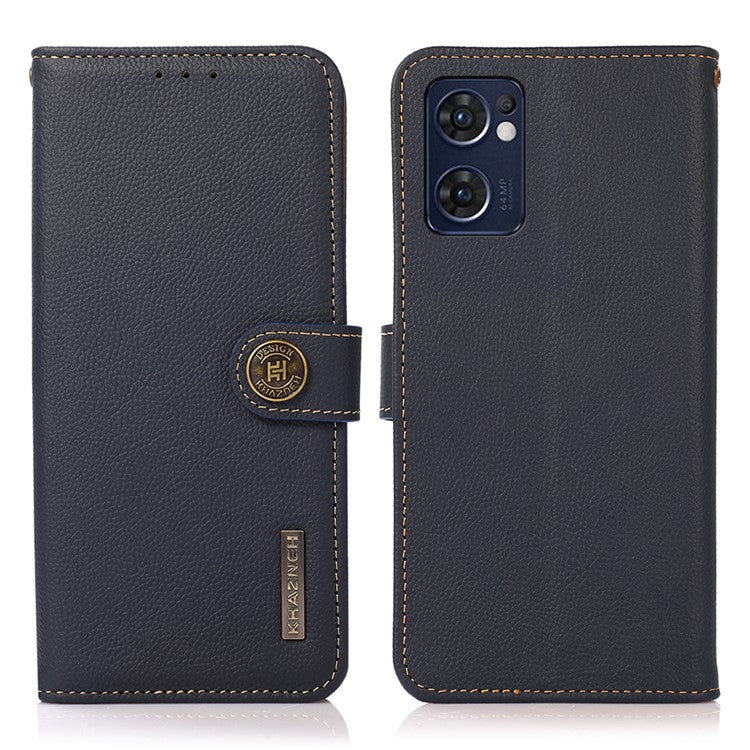 KHAZNEH for Oppo Reno7 5G (Global)/Find X5 Lite RFID Blocking Genuine Leather Shell with Wallet and Stand Cell Phone Cover Accessory - Blue