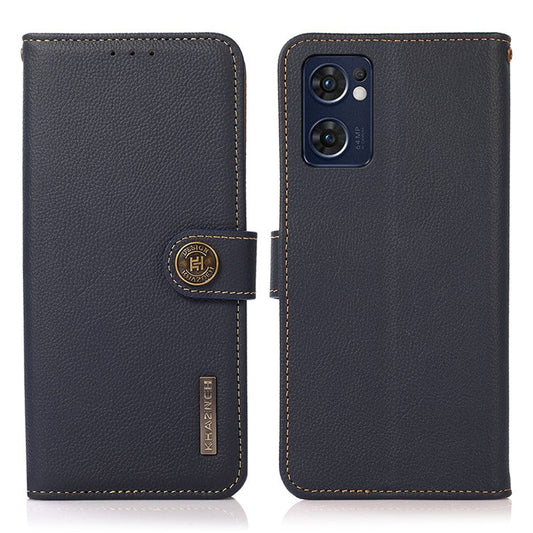 KHAZNEH for Oppo Reno7 5G (Global)/Find X5 Lite RFID Blocking Genuine Leather Shell with Wallet and Stand Cell Phone Cover Accessory - Blue
