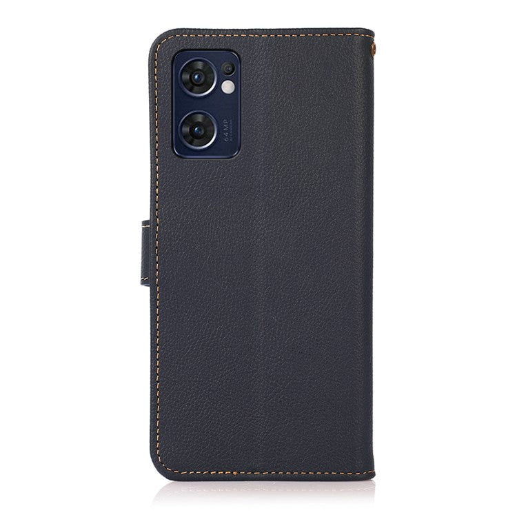 KHAZNEH for Oppo Reno7 5G (Global)/Find X5 Lite RFID Blocking Genuine Leather Shell with Wallet and Stand Cell Phone Cover Accessory - Blue