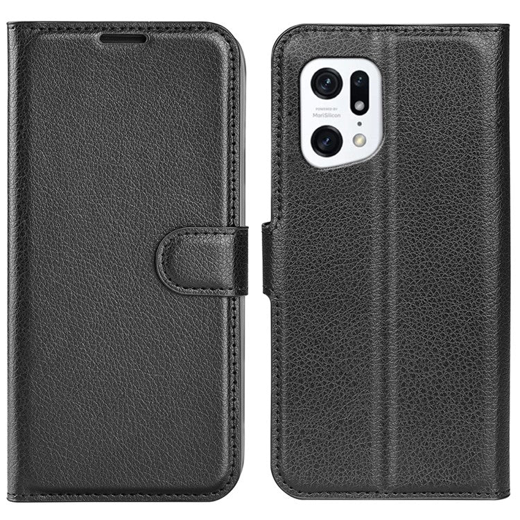 PU Leather Smartphone Cover Bag for Oppo Find X5, Wallet Anti-scratch Litchi Texture Phone Stand Function Dustproof Case - Black