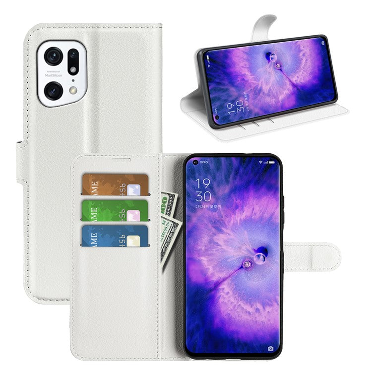 PU Leather Smartphone Cover Bag for Oppo Find X5, Wallet Anti-scratch Litchi Texture Phone Stand Function Dustproof Case - White