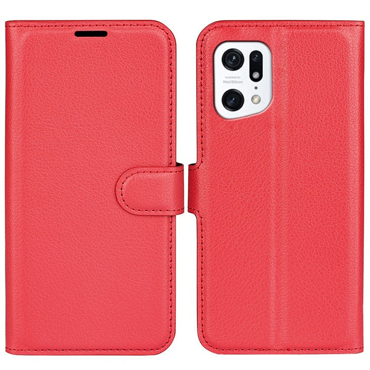 PU Leather Smartphone Cover Bag for Oppo Find X5, Wallet Anti-scratch Litchi Texture Phone Stand Function Dustproof Case - Red