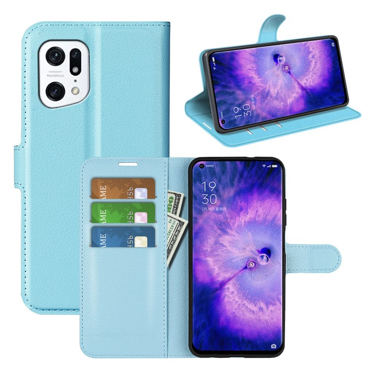 PU Leather Smartphone Cover Bag for Oppo Find X5, Wallet Anti-scratch Litchi Texture Phone Stand Function Dustproof Case - Blue