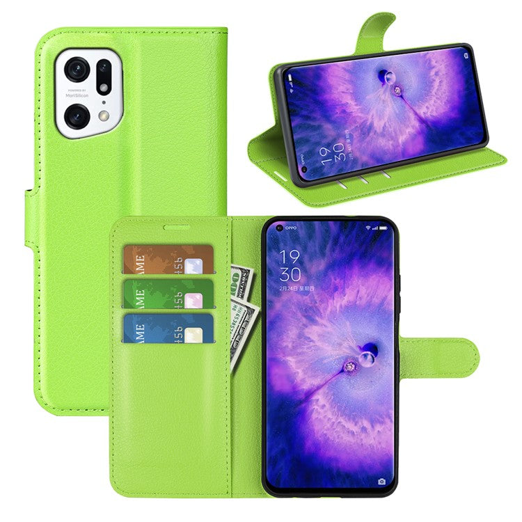PU Leather Smartphone Cover Bag for Oppo Find X5, Wallet Anti-scratch Litchi Texture Phone Stand Function Dustproof Case - Green