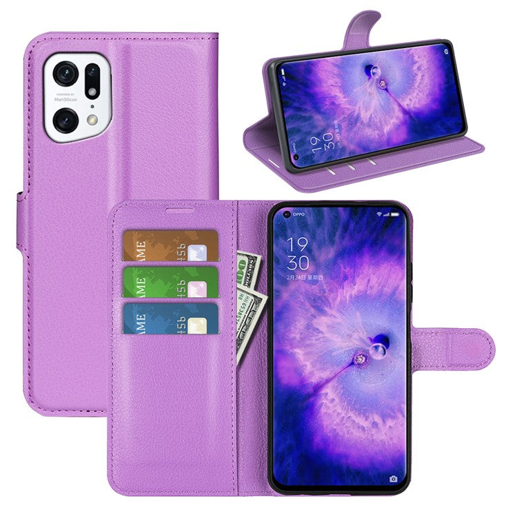 PU Leather Smartphone Cover Bag for Oppo Find X5, Wallet Anti-scratch Litchi Texture Phone Stand Function Dustproof Case - Purple