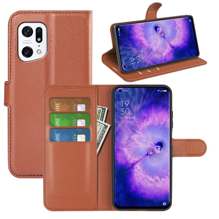 PU Leather Smartphone Cover Bag for Oppo Find X5, Wallet Anti-scratch Litchi Texture Phone Stand Function Dustproof Case - Brown