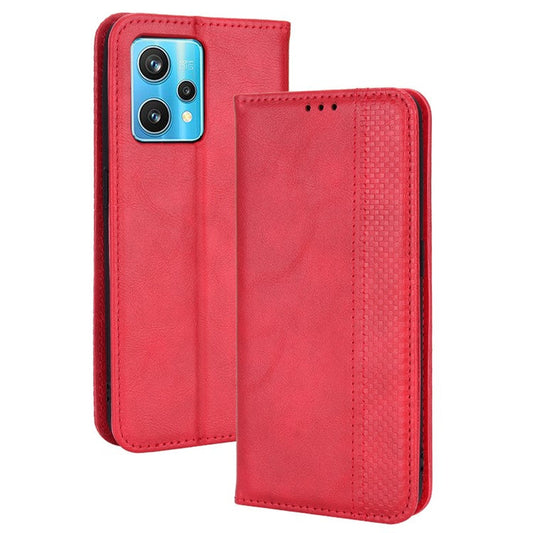 For Realme 9 Pro 5G / V25 5G / 9 5G (Global Version) / 9 5G (EU Version) PU Leather Wallet Vintage Shockproof Mosaic Imprinted Magnetic Auto-absorbed Anti-scratch Case Shell - Red