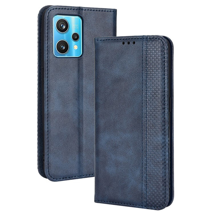 For Realme 9 Pro 5G / V25 5G / 9 5G (Global Version) / 9 5G (EU Version) PU Leather Wallet Vintage Shockproof Mosaic Imprinted Magnetic Auto-absorbed Anti-scratch Case Shell - Blue