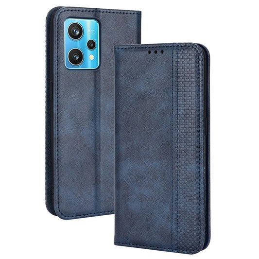 For Realme 9 Pro 5G / V25 5G / 9 5G (Global Version) / 9 5G (EU Version) PU Leather Wallet Vintage Shockproof Mosaic Imprinted Magnetic Auto-absorbed Anti-scratch Case Shell - Blue