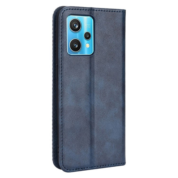 For Realme 9 Pro 5G / V25 5G / 9 5G (Global Version) / 9 5G (EU Version) PU Leather Wallet Vintage Shockproof Mosaic Imprinted Magnetic Auto-absorbed Anti-scratch Case Shell - Blue