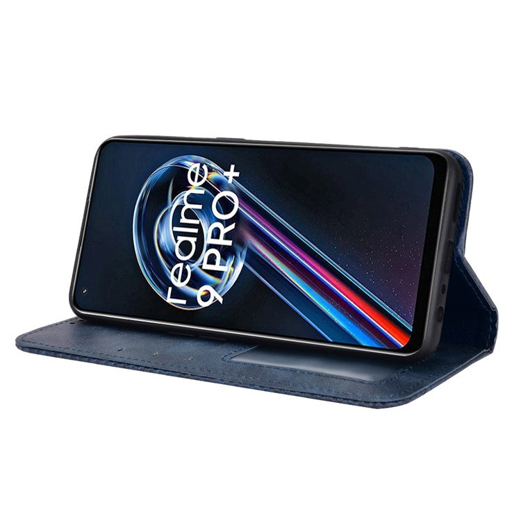 For Realme 9 Pro 5G / V25 5G / 9 5G (Global Version) / 9 5G (EU Version) PU Leather Wallet Vintage Shockproof Mosaic Imprinted Magnetic Auto-absorbed Anti-scratch Case Shell - Blue