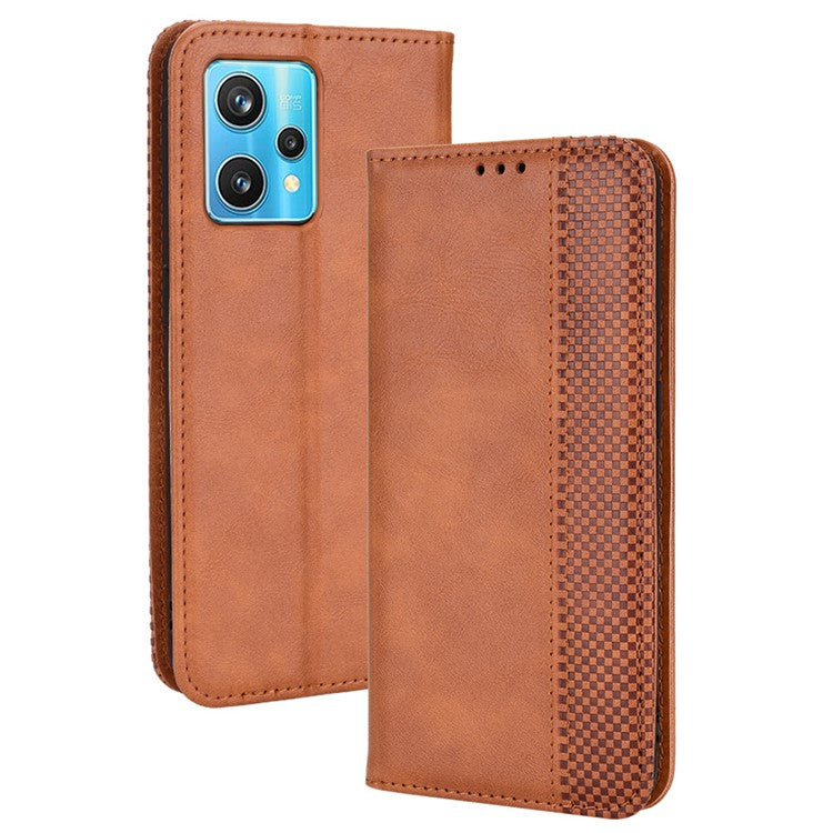 For Realme 9 Pro 5G / V25 5G / 9 5G (Global Version) / 9 5G (EU Version) PU Leather Wallet Vintage Shockproof Mosaic Imprinted Magnetic Auto-absorbed Anti-scratch Case Shell - Brown