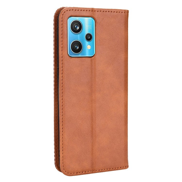 For Realme 9 Pro 5G / V25 5G / 9 5G (Global Version) / 9 5G (EU Version) PU Leather Wallet Vintage Shockproof Mosaic Imprinted Magnetic Auto-absorbed Anti-scratch Case Shell - Brown