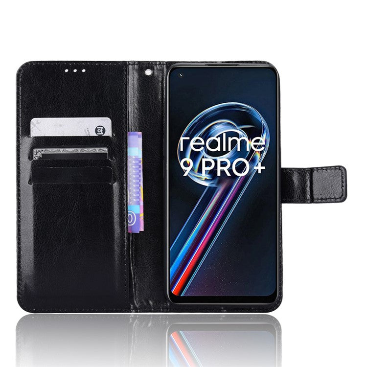 For Realme 9 Pro 5G / V25 5G / 9 5G (Global Version) / 9 5G (EU Version) Drop-proof Crazy Horse Leather Phone Case Well-protected Wallet Stand Function Shell with Strap - Black