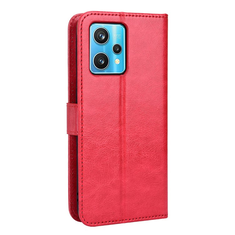 For Realme 9 Pro 5G / V25 5G / 9 5G (Global Version) / 9 5G (EU Version) Drop-proof Crazy Horse Leather Phone Case Well-protected Wallet Stand Function Shell with Strap - Red
