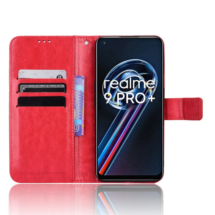 For Realme 9 Pro 5G / V25 5G / 9 5G (Global Version) / 9 5G (EU Version) Drop-proof Crazy Horse Leather Phone Case Well-protected Wallet Stand Function Shell with Strap - Red