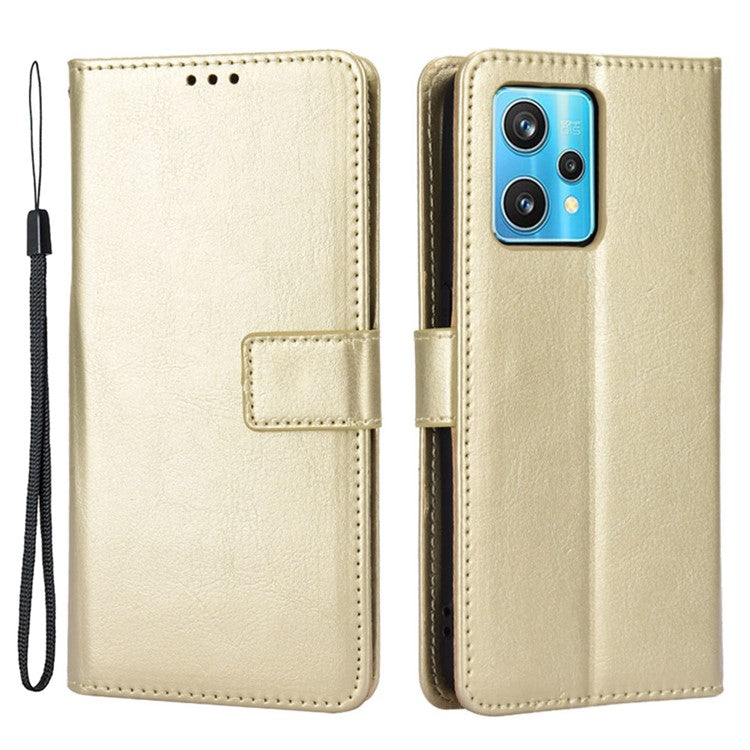 For Realme 9 Pro 5G / V25 5G / 9 5G (Global Version) / 9 5G (EU Version) Drop-proof Crazy Horse Leather Phone Case Well-protected Wallet Stand Function Shell with Strap - Gold